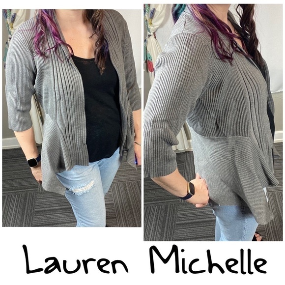 Lauren Michelle gray ribbed open front cardigan cozy fold over lapel - Picture 1 of 8